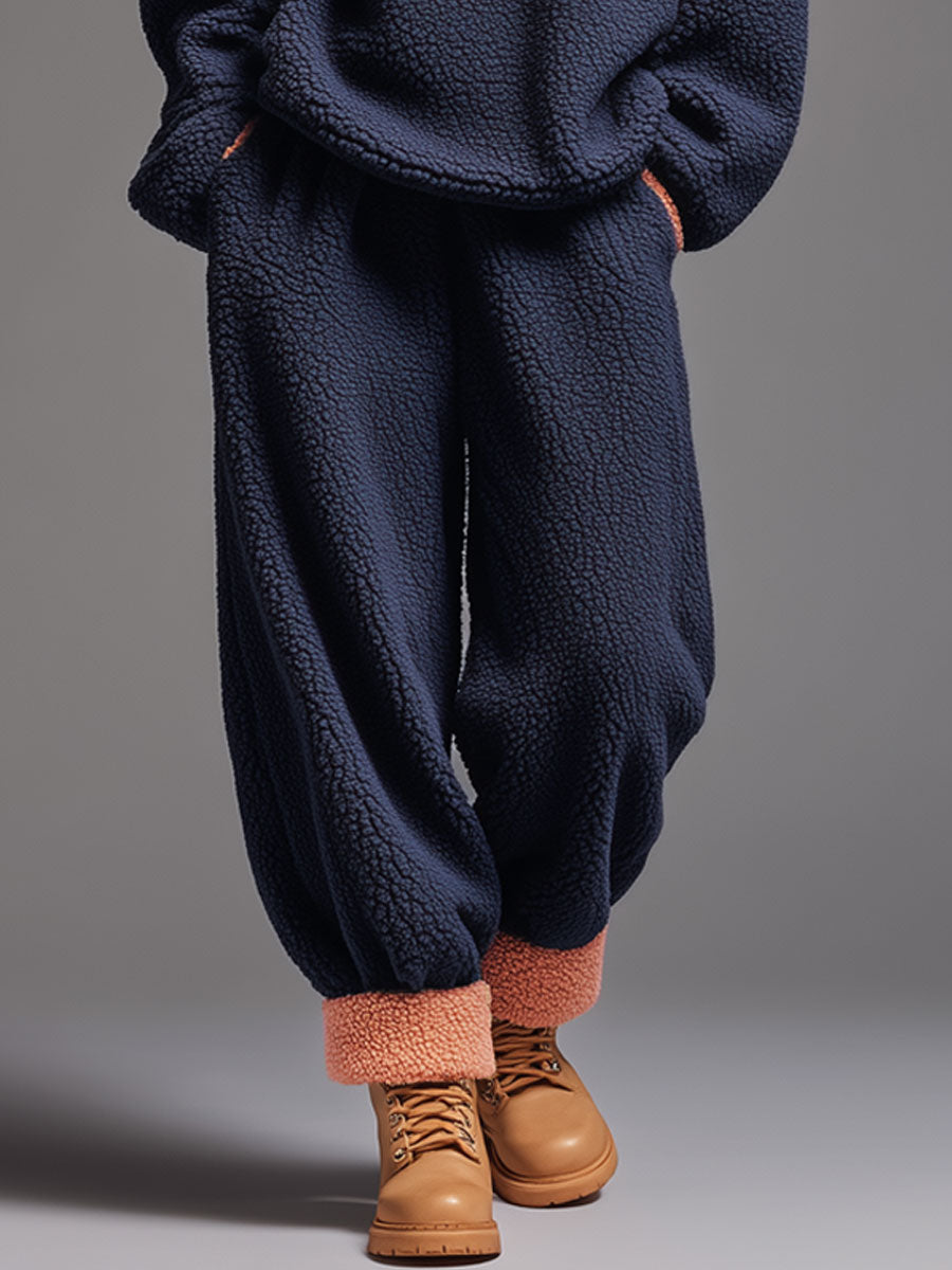 Casual Navy Blue Polar Fleece Half-Zip Sweatshirt Pants Sports Set