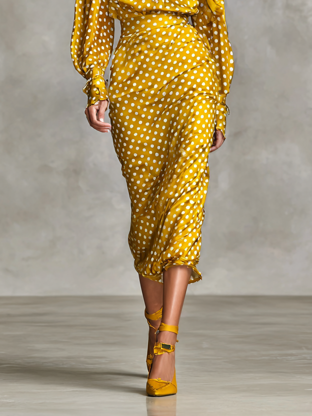 Ladies Vintage Satin Polka Dot Print Blouse and Skirt Two-Piece Set (Scarf Not Included)