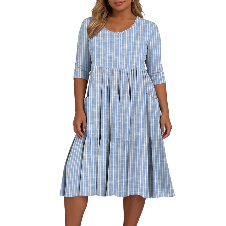 AMANDA | ELEGANT STRIPED TUMMY-COVERAGE MIDI DRESS