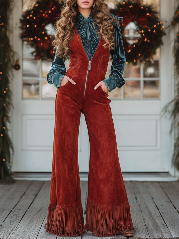 Western retro V-neck zipper red faux suede wide leg overall with tassels