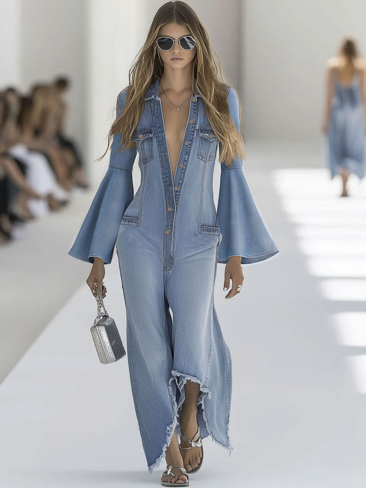 Casual retro light blue denim wide-leg jumpsuit with long sleeves and raw edges