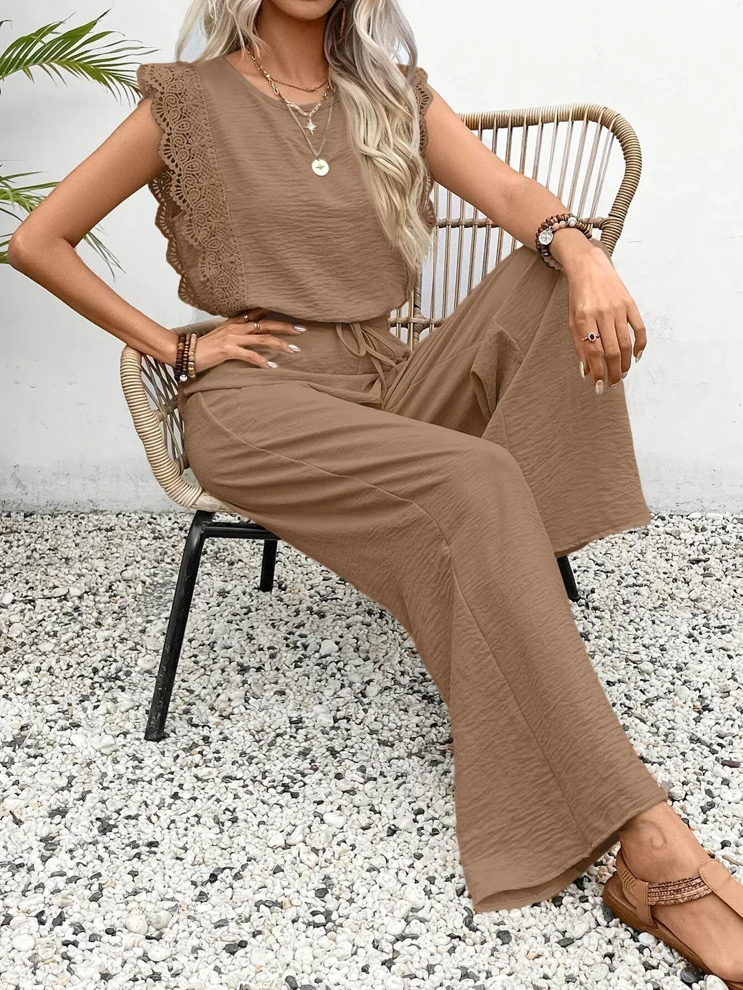 Zella |  Elegant Two-Piece Set | Lace-Trimmed Top and Wide-Leg Trousers