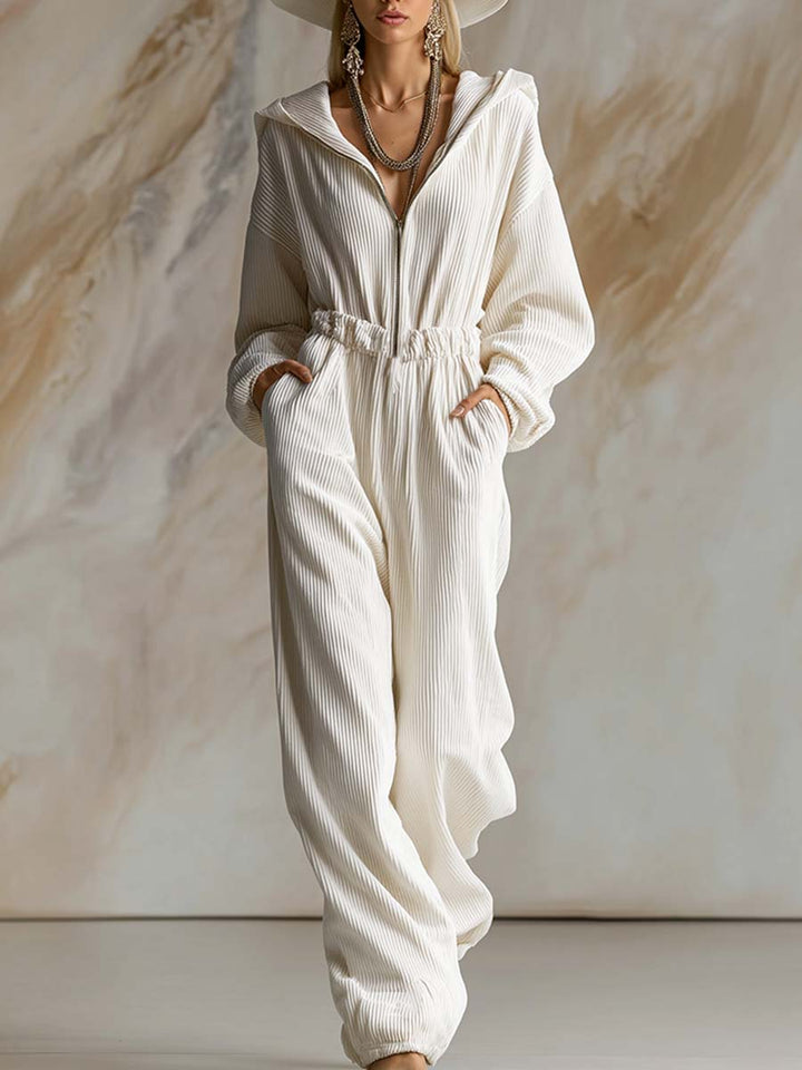 Casual loose fashionable white corduroy hooded jumpsuit with front zipper and long sleeves