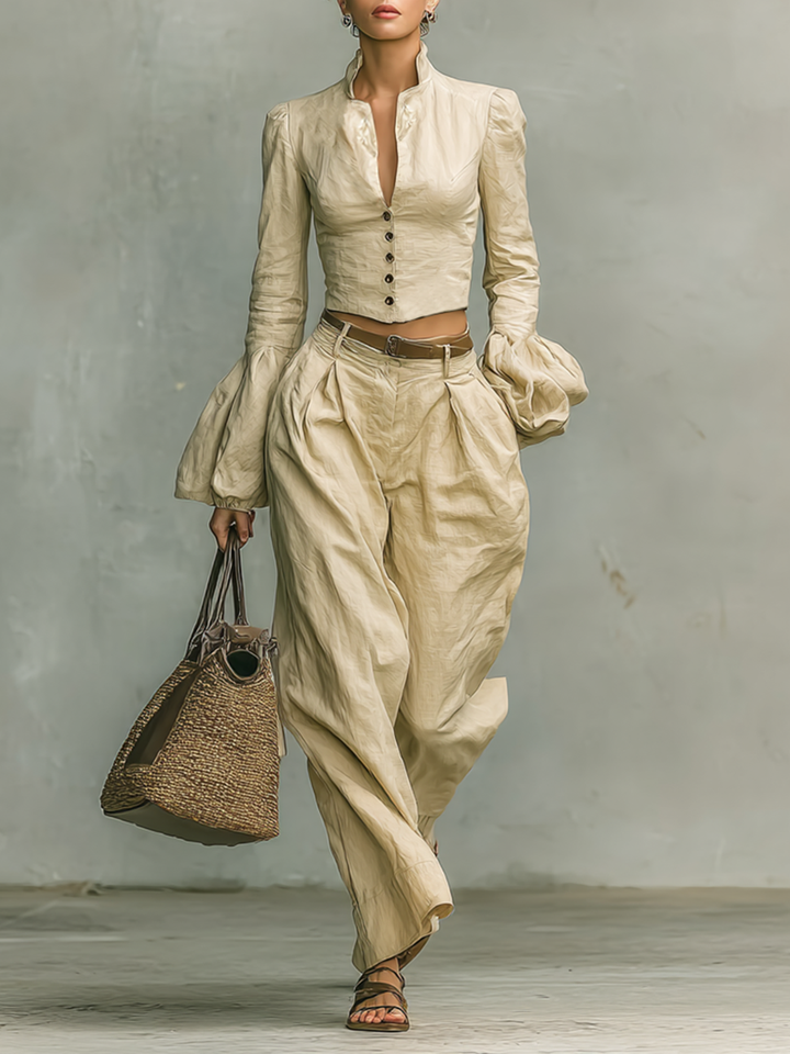 Women's Retro Linen-Like Fabric Stand Collar Ankle-Length Shirt Pants Two-Piece Set