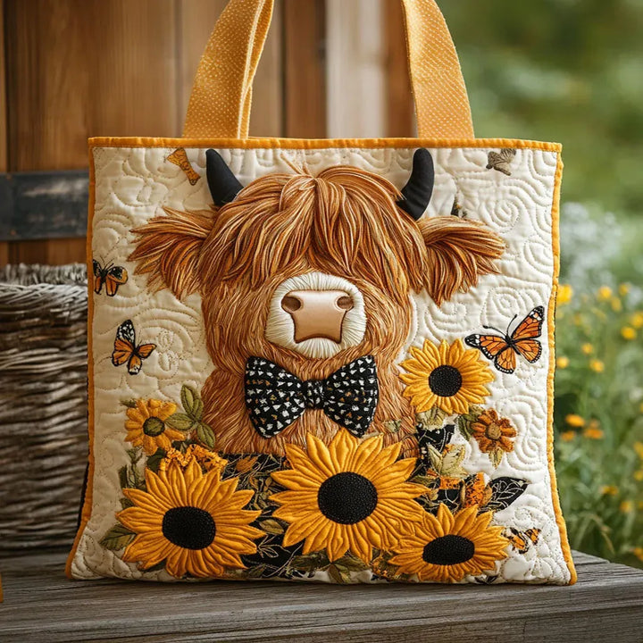 Highland Cow Quilted Bag Adorned with Sunflowers