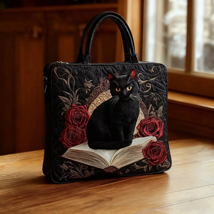 Quilted Tote Bag - Black Cat Among Books