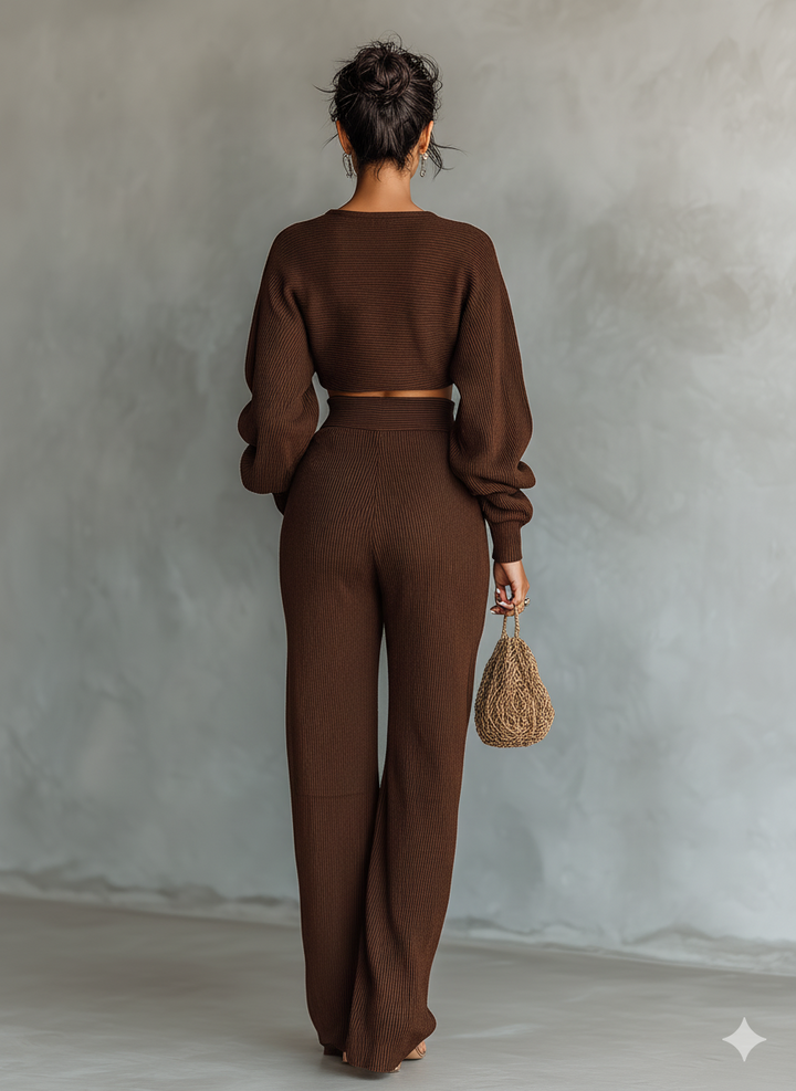 Ladies Coffee Colored Short Top and Wide Pants Knitted Set