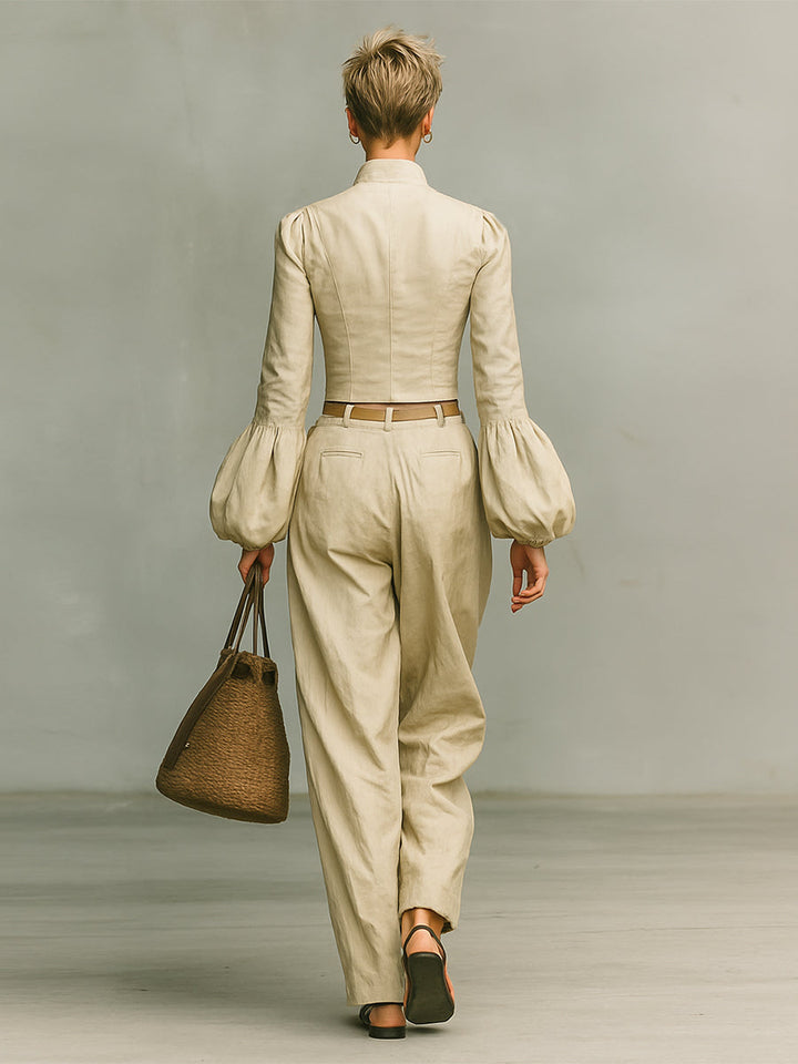 Women's Retro Linen-Like Fabric Stand Collar Ankle-Length Shirt Pants Two-Piece Set