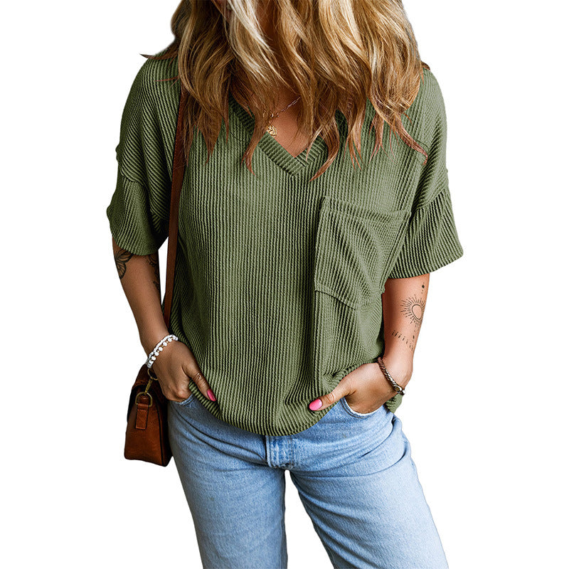 JANELLE | Casual Textured Pocket V-Neck Tee