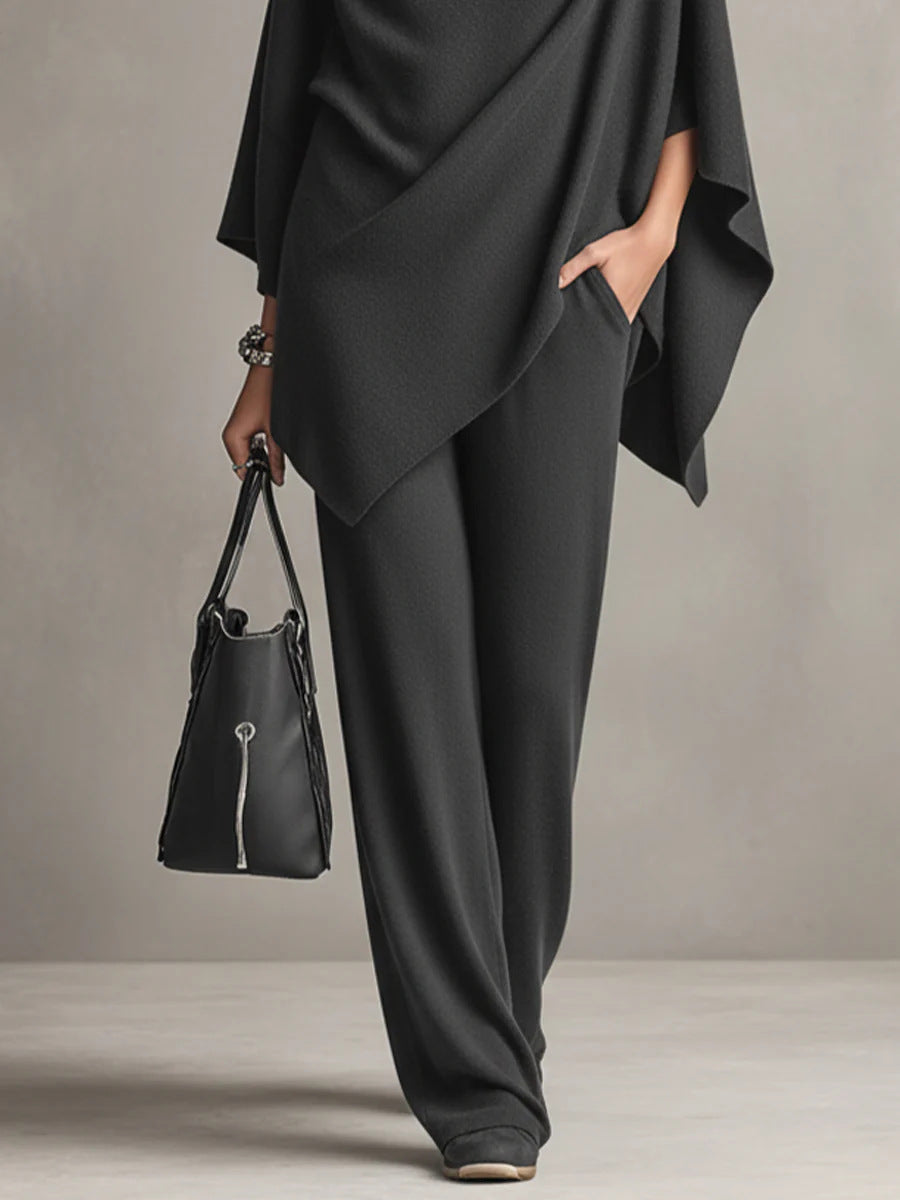 Sarina| Elegant Drape Two-Piece Set | Flowing Top and Wide-Leg Trousers
