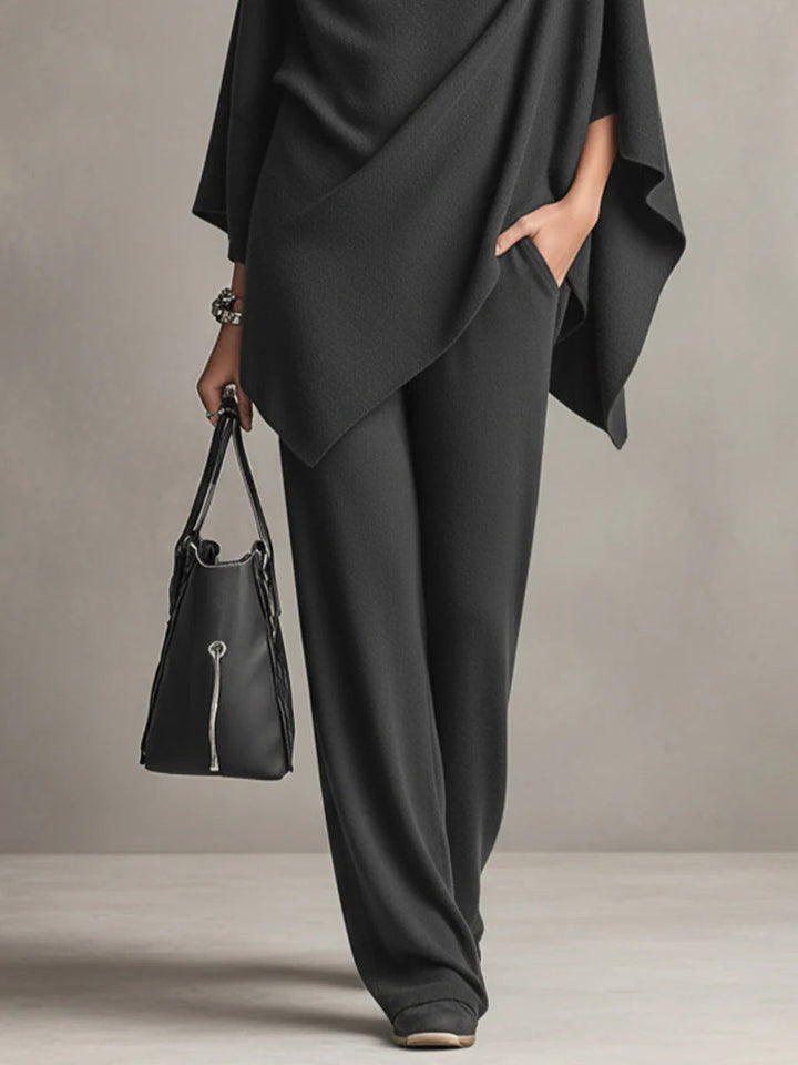 Sarina| Elegant Drape Two-Piece Set | Flowing Top and Wide-Leg Trousers