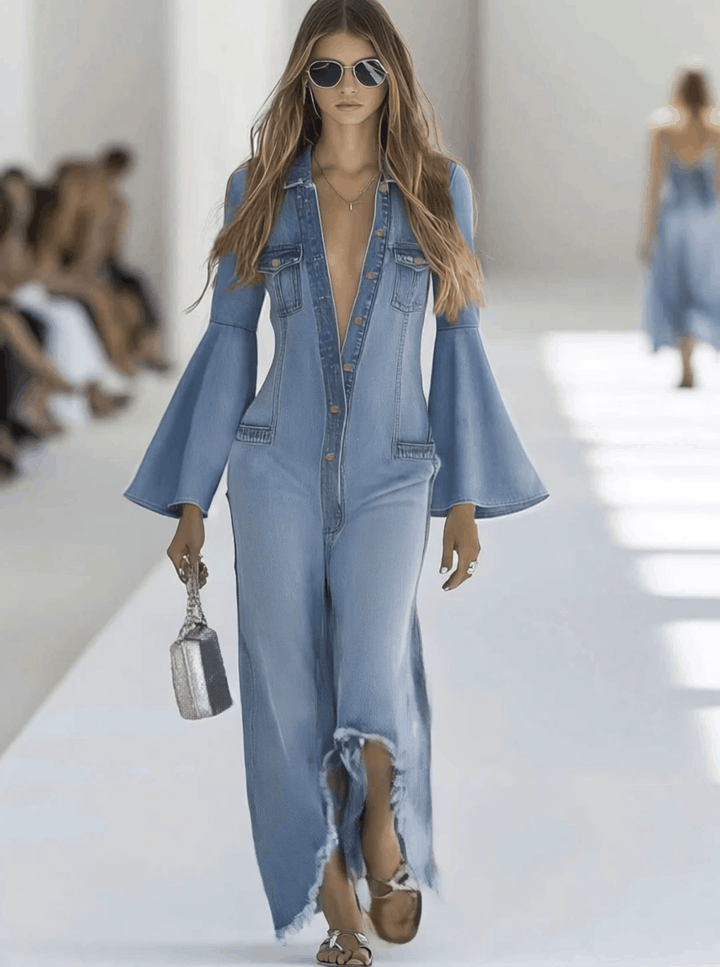 Casual retro light blue denim wide-leg jumpsuit with long sleeves and raw edges