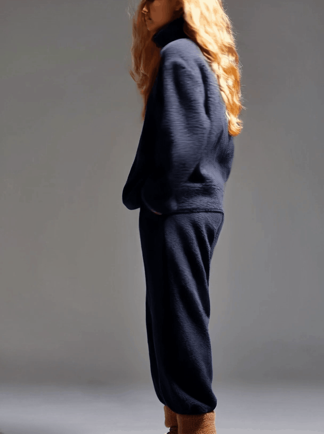 Casual Navy Blue Polar Fleece Half-Zip Sweatshirt Pants Sports Set
