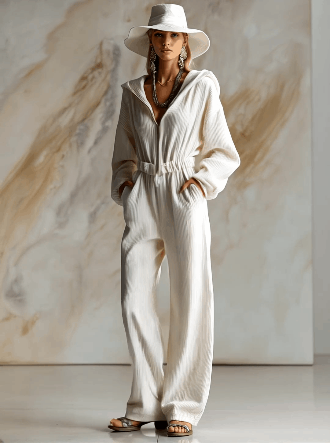 Casual loose fashionable white corduroy hooded jumpsuit with front zipper and long sleeves