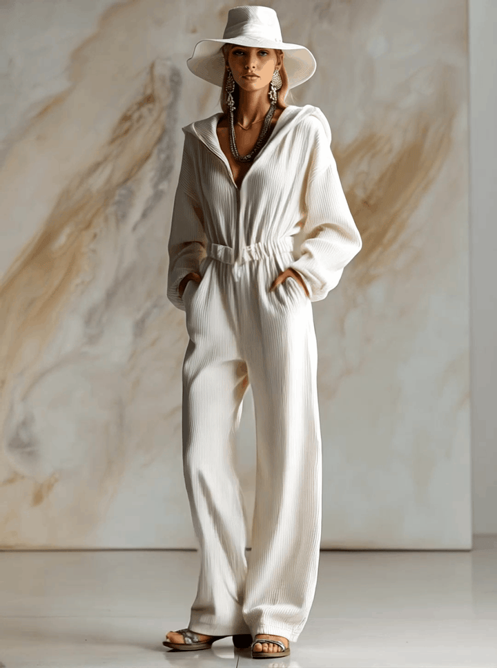Casual loose fashionable white corduroy hooded jumpsuit with front zipper and long sleeves