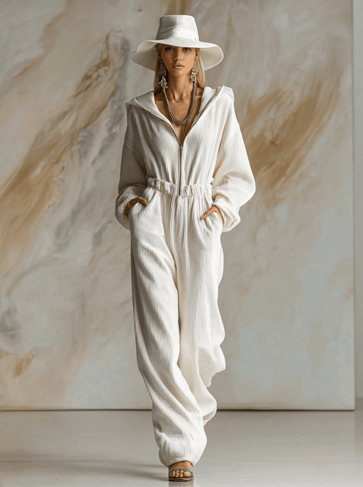 Casual loose fashionable white corduroy hooded jumpsuit with front zipper and long sleeves
