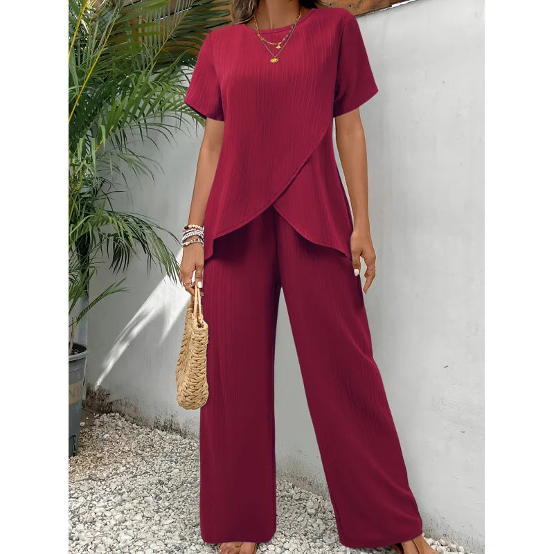 Lorrina | Elegant Soft Two-Piece Set | Asymmetrical Blouse and Relaxed Pants