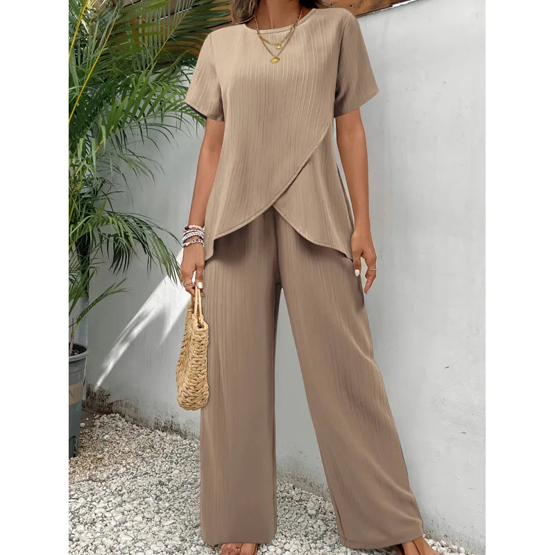 Lorrina | Elegant Soft Two-Piece Set | Asymmetrical Blouse and Relaxed Pants