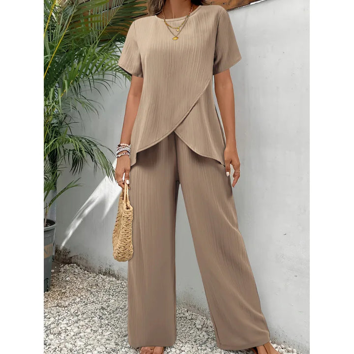 Lorrina | Elegant Soft Two-Piece Set | Asymmetrical Blouse and Relaxed Pants