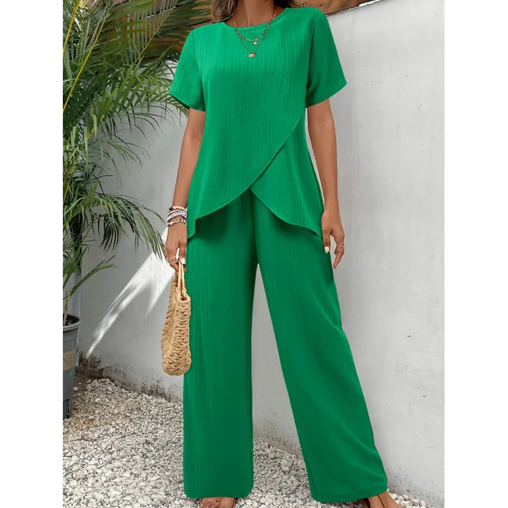 Lorrina | Elegant Soft Two-Piece Set | Asymmetrical Blouse and Relaxed Pants