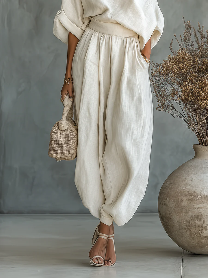 Off-white linen loose casual top with off-shoulder and tapered pants set