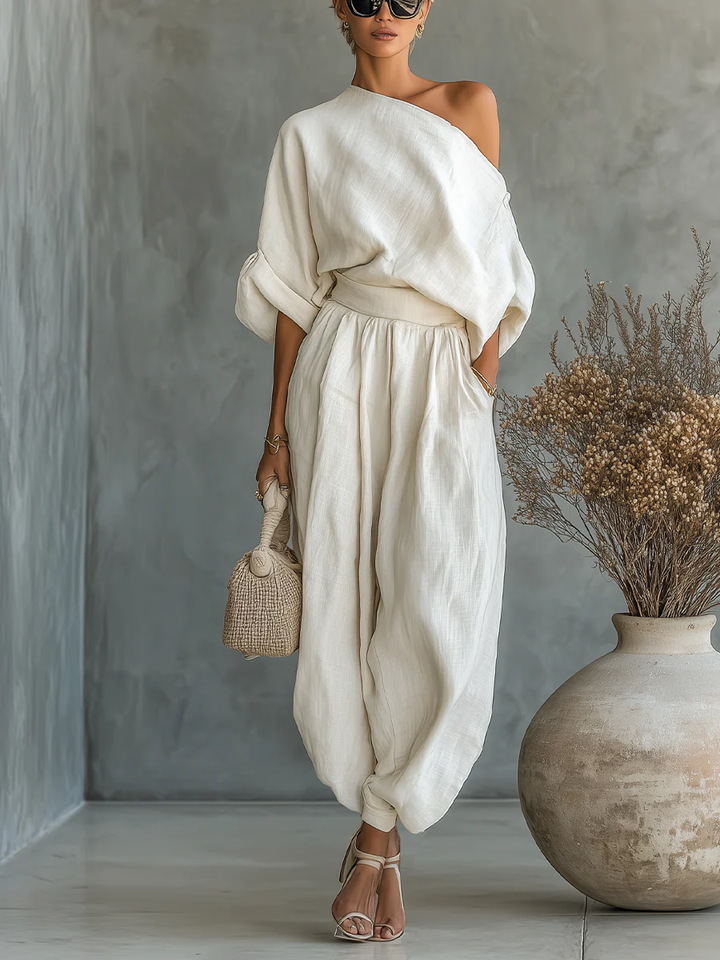 Off-white linen loose casual top with off-shoulder and tapered pants set