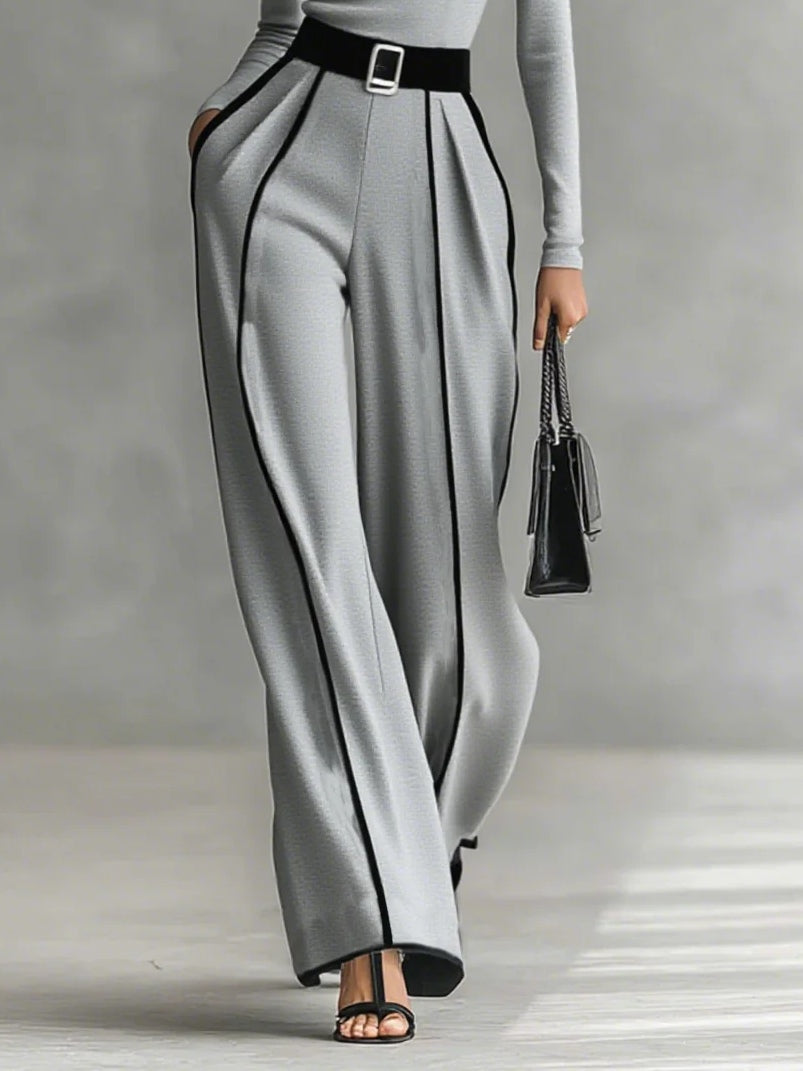 Gray finished top with high neck and long sleeves with wide pants and belt set