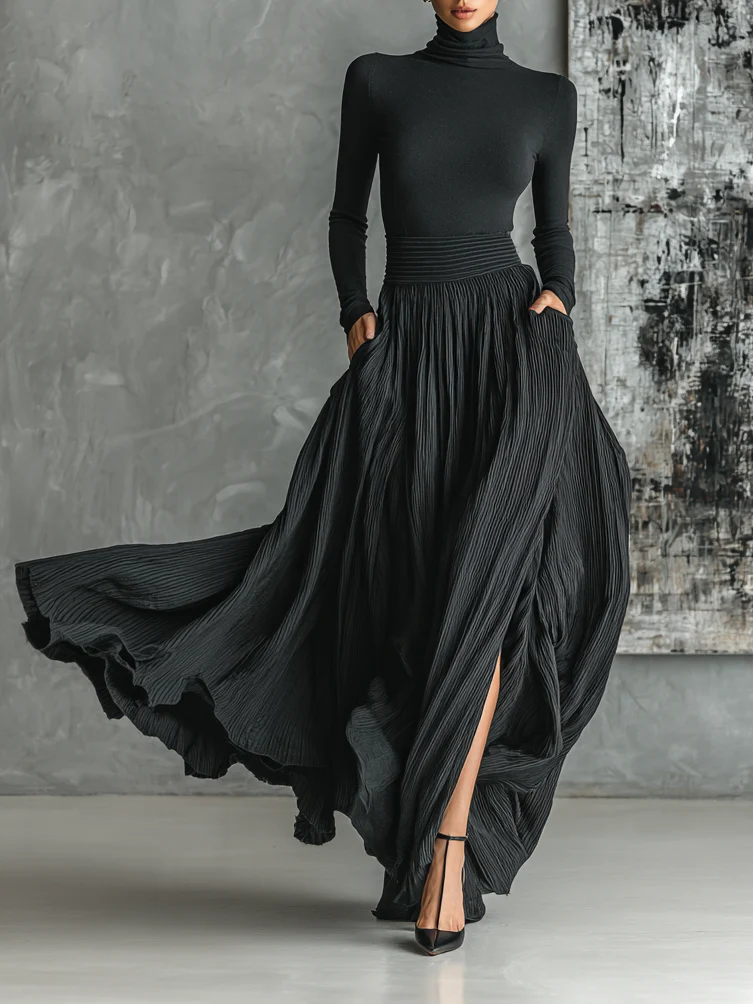 Mode All Black Skinny Turtleneck T-shirt Pleated Skirt Set
