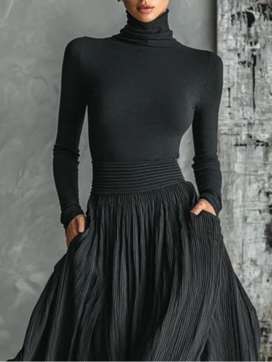 Mode All Black Skinny Turtleneck T-shirt Pleated Skirt Set