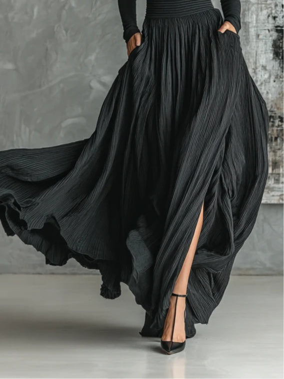 Mode All Black Skinny Turtleneck T-shirt Pleated Skirt Set