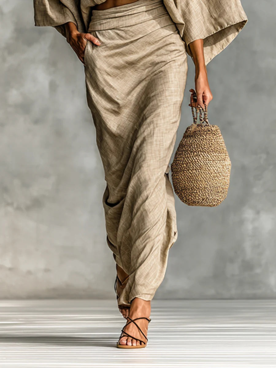 Cotton and Linen Blend Batwing Sleeve Long Skirt Two-Piece Set
