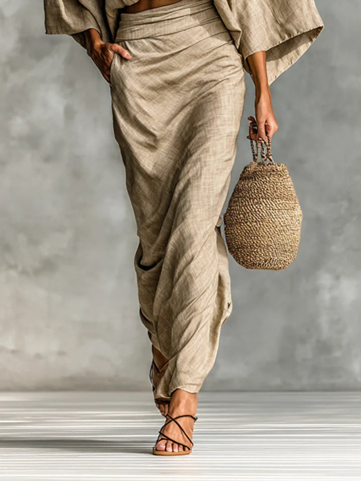 Cotton and Linen Blend Batwing Sleeve Long Skirt Two-Piece Set
