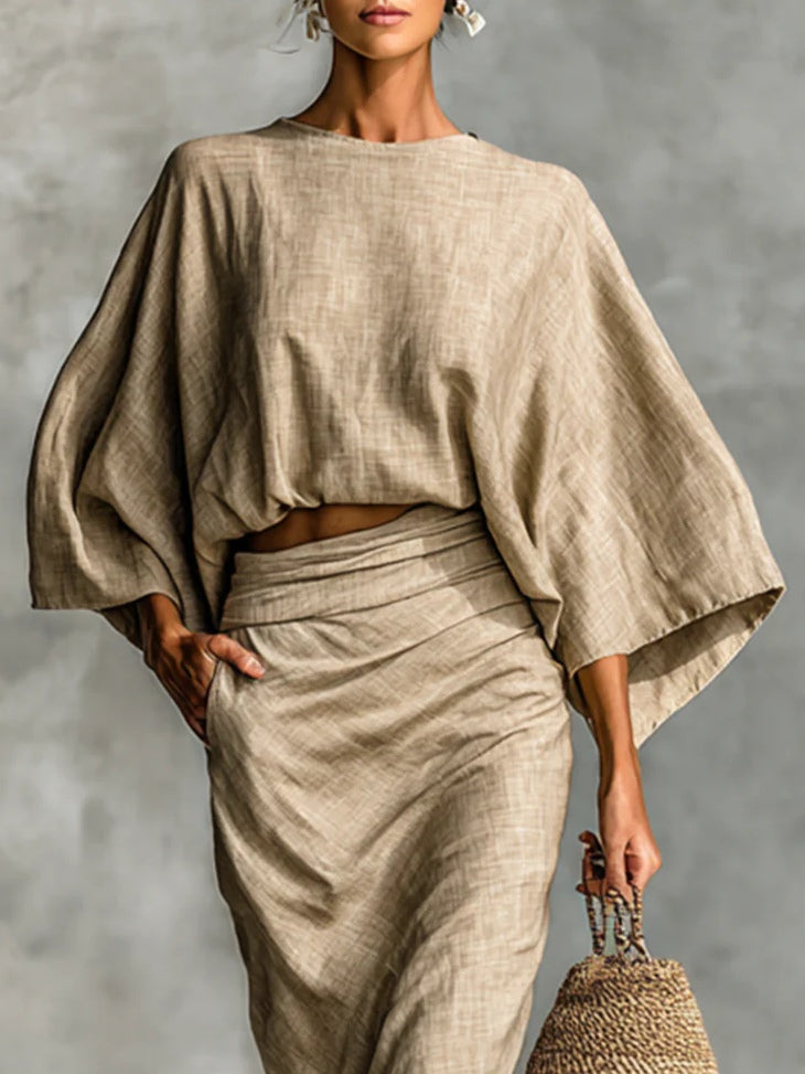 Cotton and Linen Blend Batwing Sleeve Long Skirt Two-Piece Set