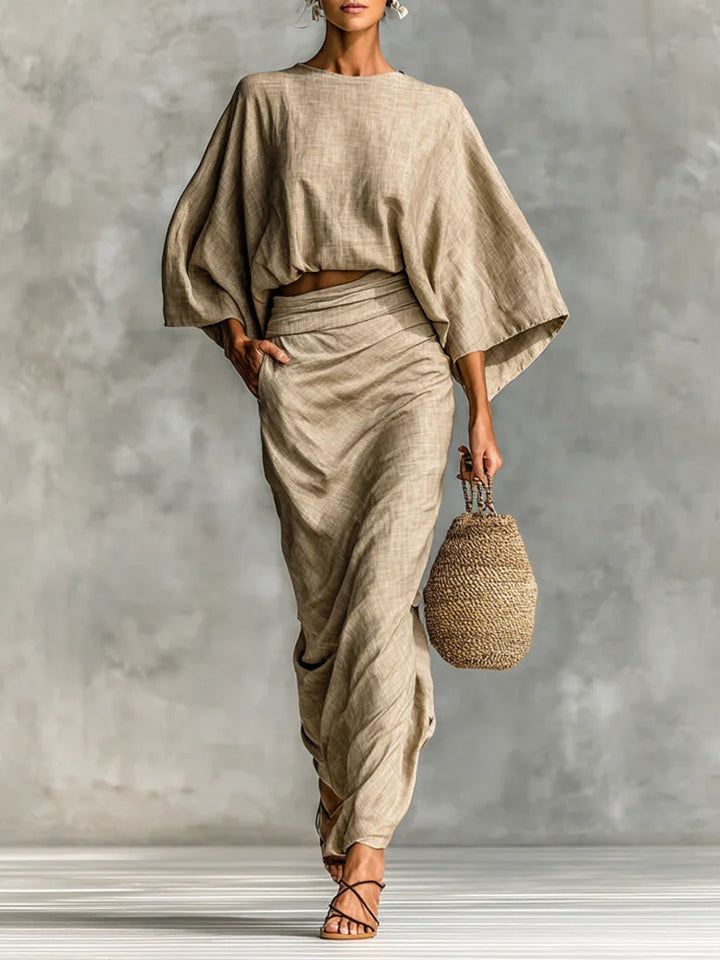 Cotton and Linen Blend Batwing Sleeve Long Skirt Two-Piece Set