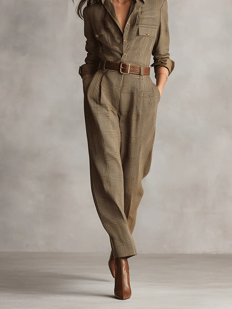 Brown refined tweed texture check utility jumpsuit
