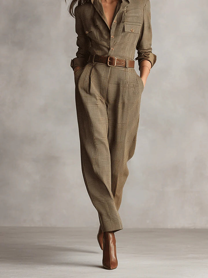 Brown refined tweed texture check utility jumpsuit