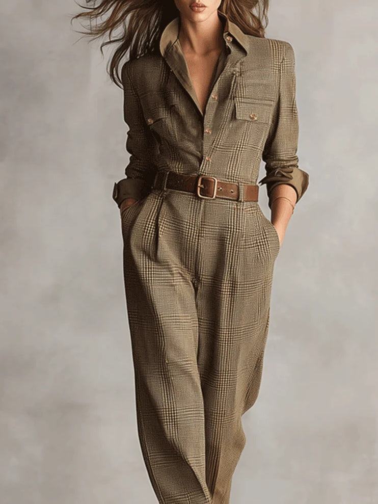 Brown refined tweed texture check utility jumpsuit