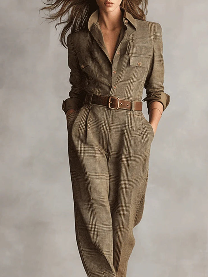 Brown refined tweed texture check utility jumpsuit
