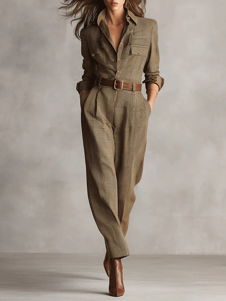 Brown refined tweed texture check utility jumpsuit