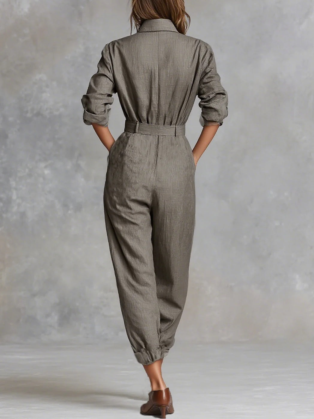 Cotton and linen blend jumpsuit with long sleeves and collar