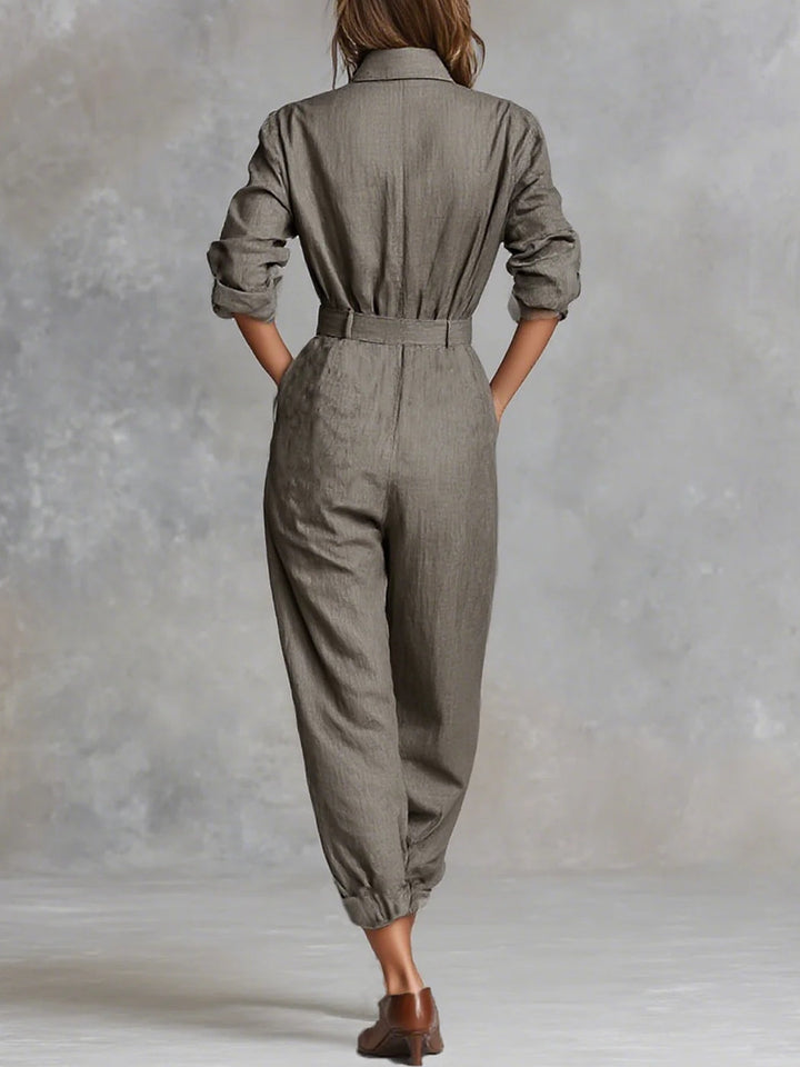 Cotton and linen blend jumpsuit with long sleeves and collar