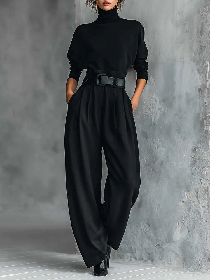 All-black turtleneck long sleeve T-shirt and straight pants two-piece set (including belt)