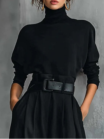 All-black turtleneck long sleeve T-shirt and straight pants two-piece set (including belt)