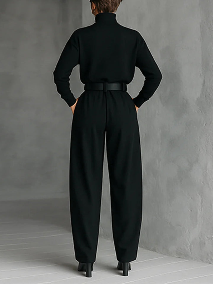 All-black turtleneck long sleeve T-shirt and straight pants two-piece set (including belt)