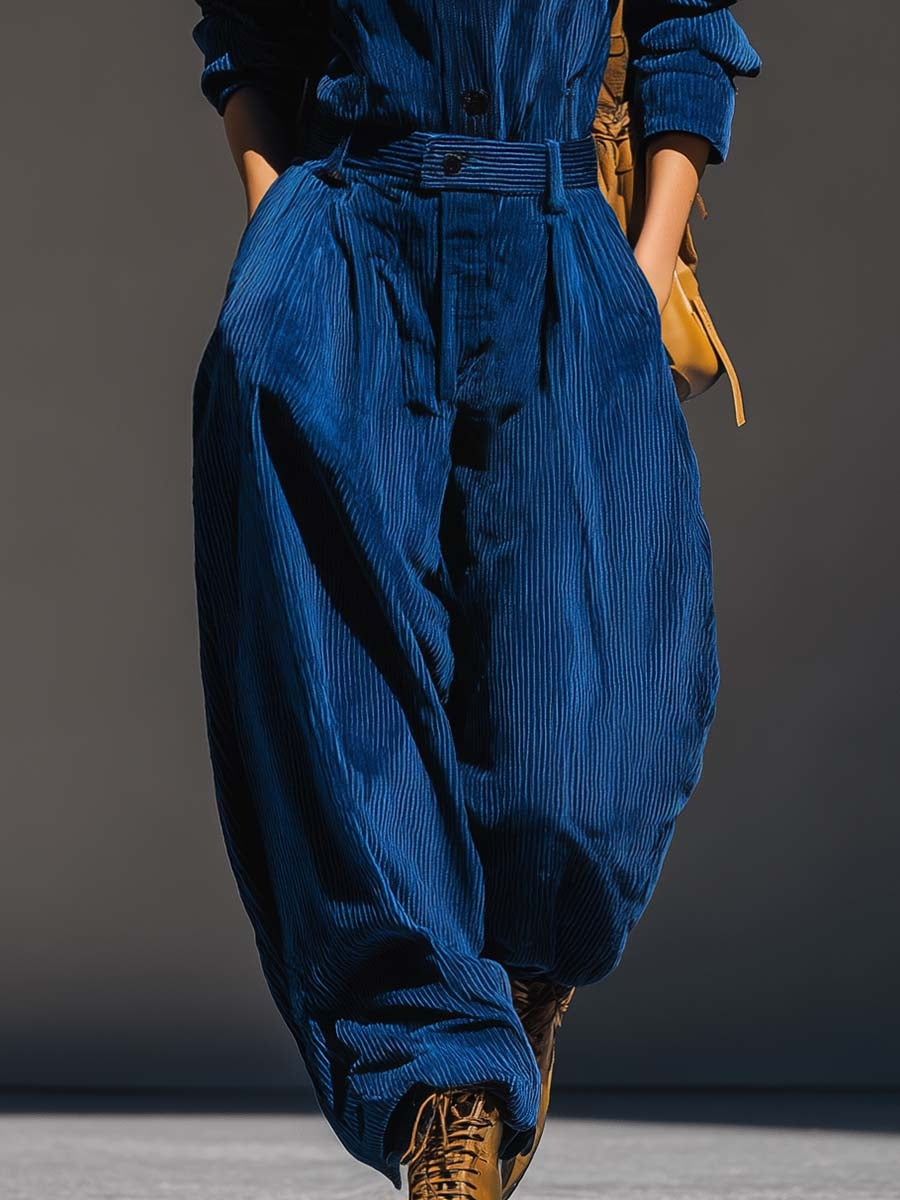 Blue Corduroy Hoodie and Wide Pants Set