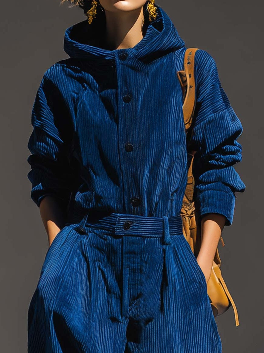 Blue Corduroy Hoodie and Wide Pants Set