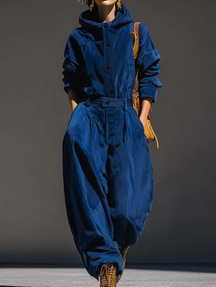 Blue Corduroy Hoodie and Wide Pants Set
