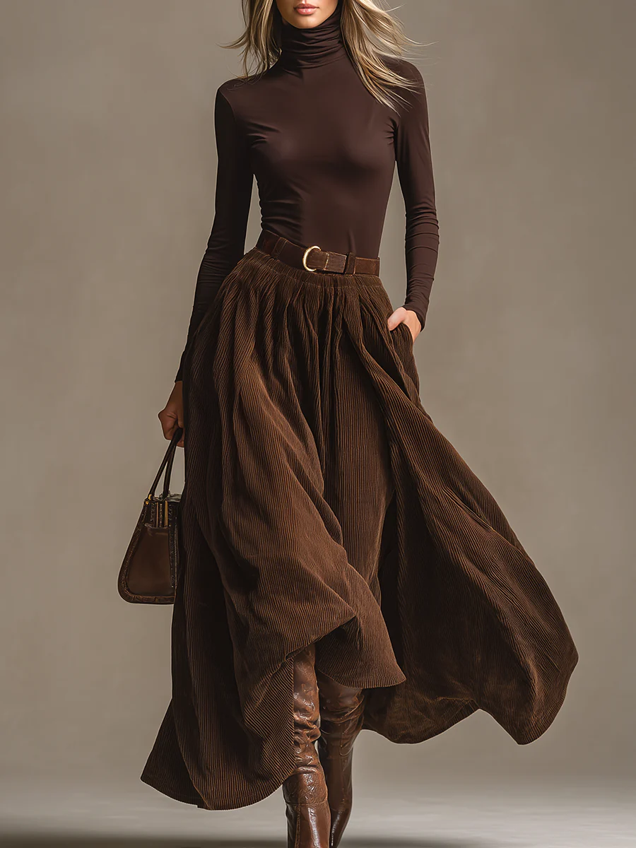Dark Brown Turtleneck and Corduroy Skirt Set