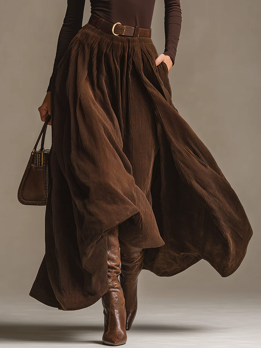 Dark Brown Turtleneck and Corduroy Skirt Set
