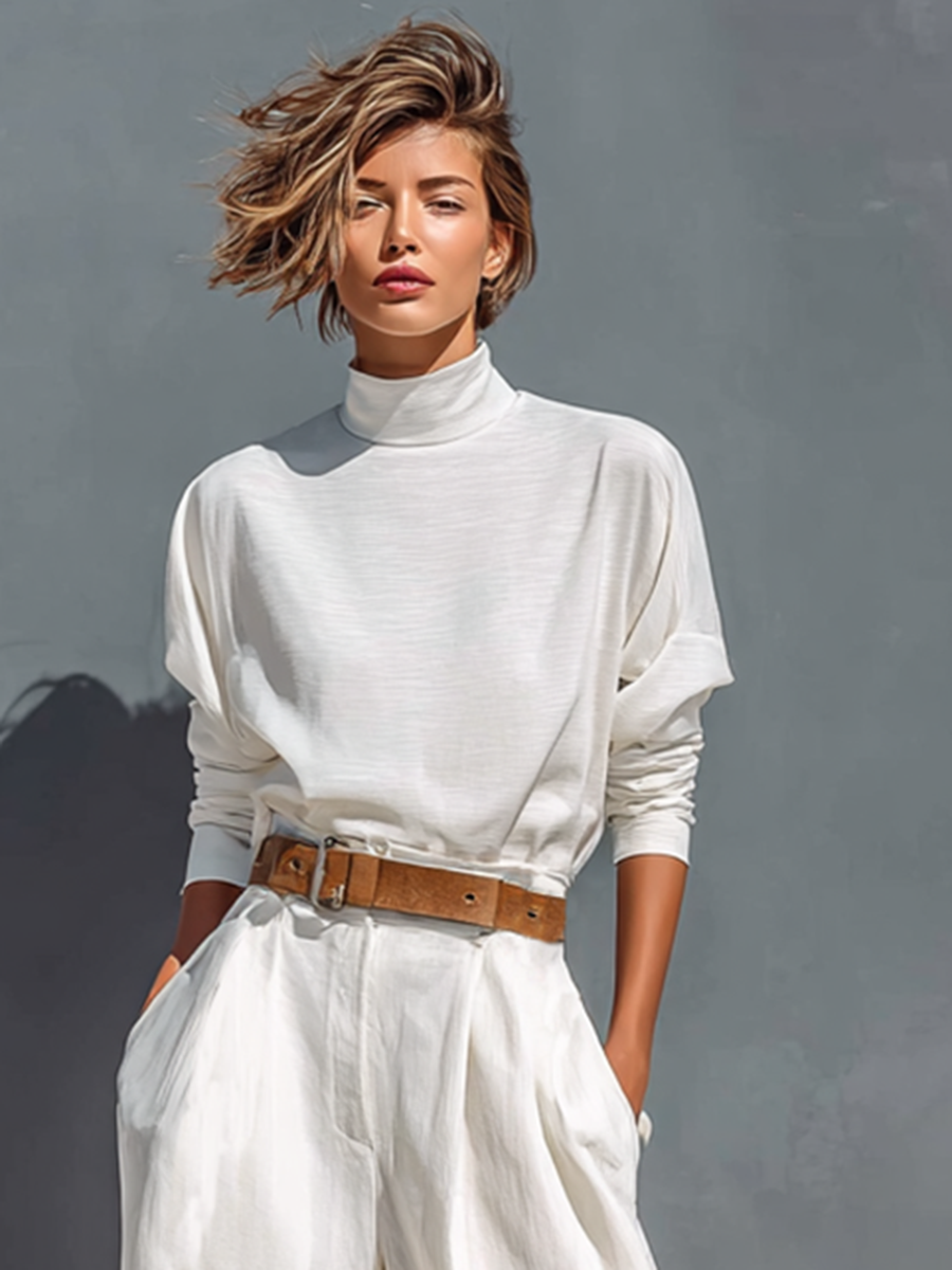 All White Half High Turtleneck Long Sleeve Loose T-Shirt Wide Leg Two-Piece Set (Belt Not Included)